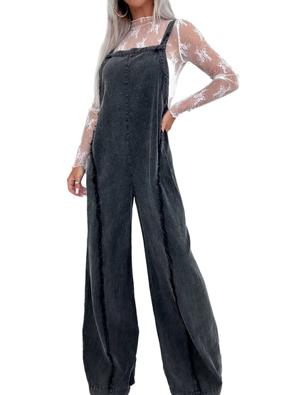 Women Denim Overalls Loose Vintage Washed Raw Trim Wide Leg Jumpsuit