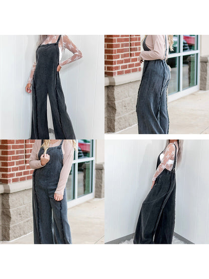 Women Denim Overalls Loose Vintage Washed Raw Trim Wide Leg Jumpsuit