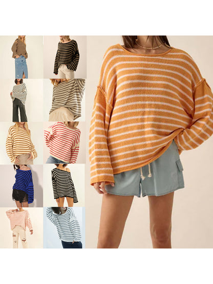 Women Loose Sweater Stripe Long Sleeve Round Neck Pullovers Tops