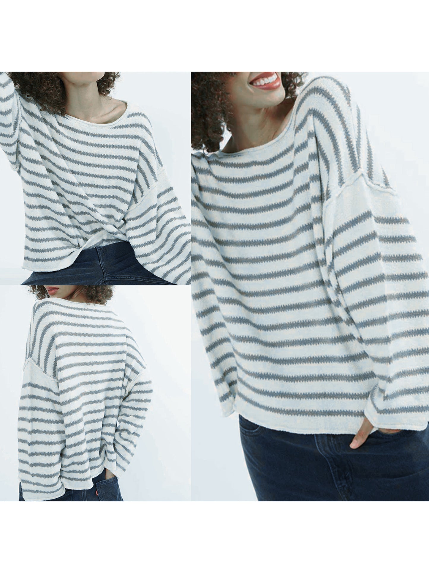 Women Loose Sweater Stripe Long Sleeve Round Neck Pullovers Tops