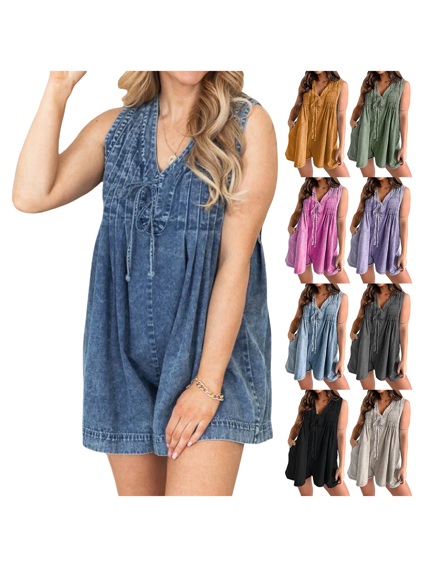 Women Demin Tank Top Jumpsuit Pleated V Neck Sleeveless Shorts Romper