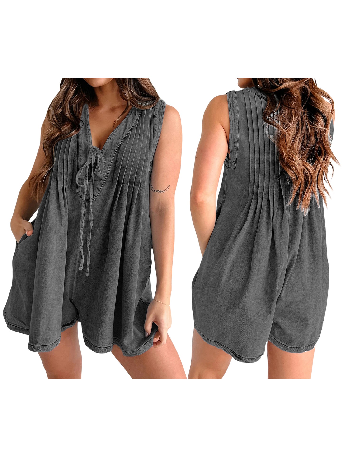 Women Demin Tank Top Jumpsuit Pleated V Neck Sleeveless Shorts Romper