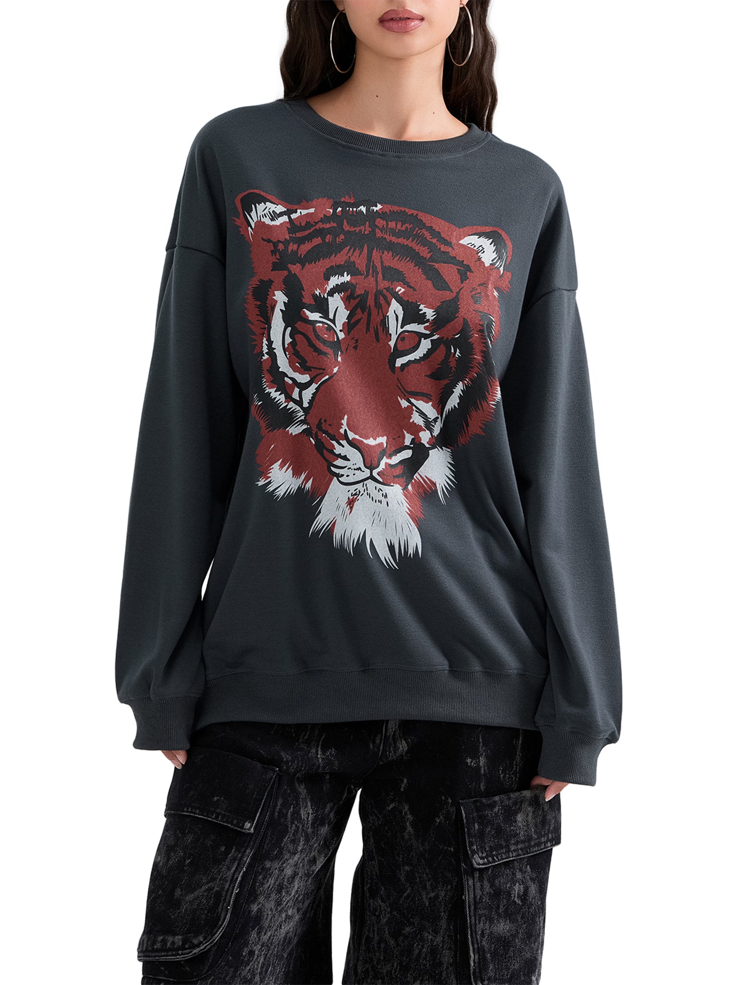 Women's Loose Sweatshirt Tiger Print Crew Neck Long Sleeve Pullovers