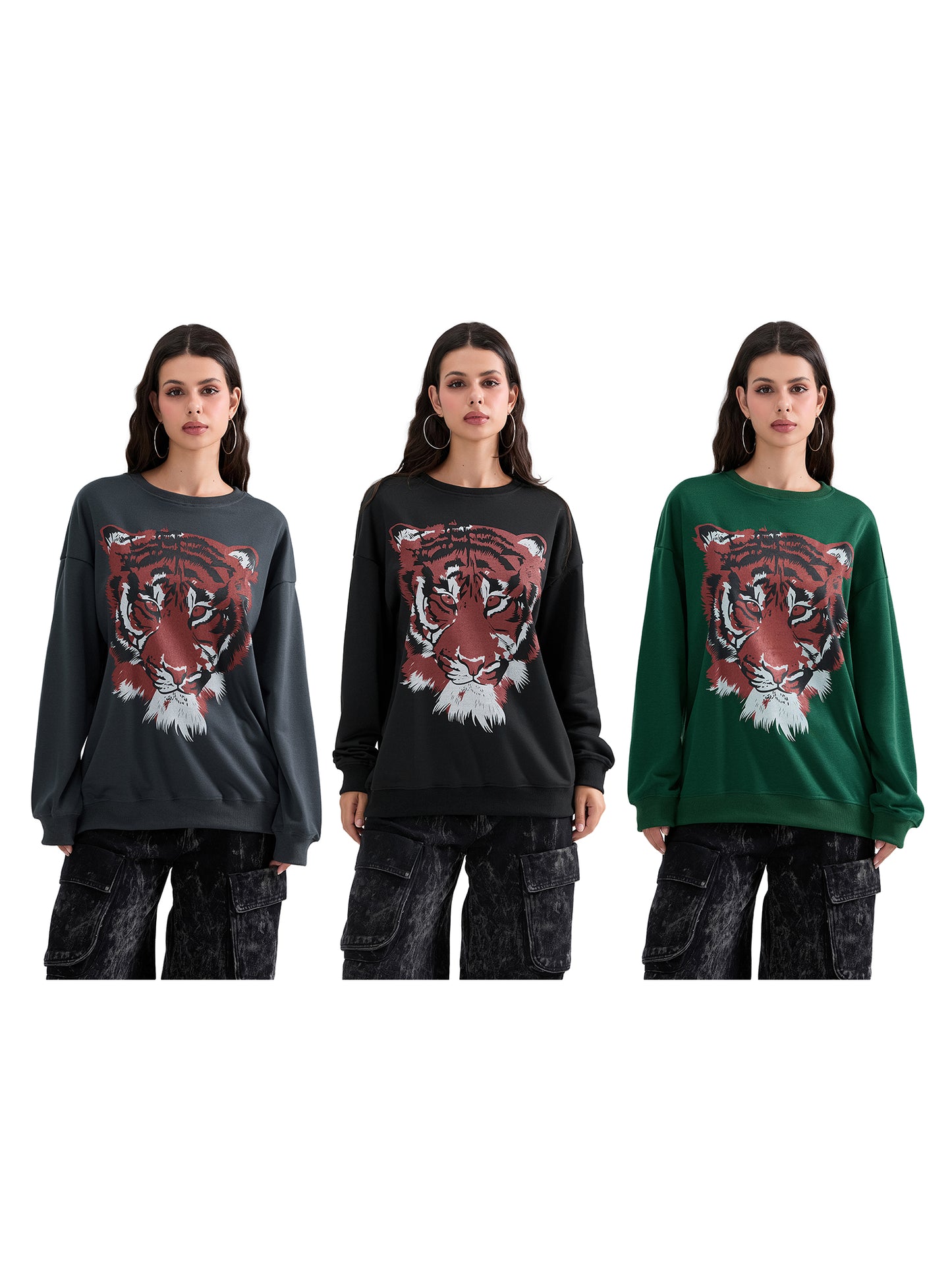 Women's Loose Sweatshirt Tiger Print Crew Neck Long Sleeve Pullovers