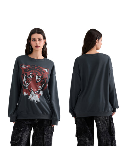 Women's Loose Sweatshirt Tiger Print Crew Neck Long Sleeve Pullovers