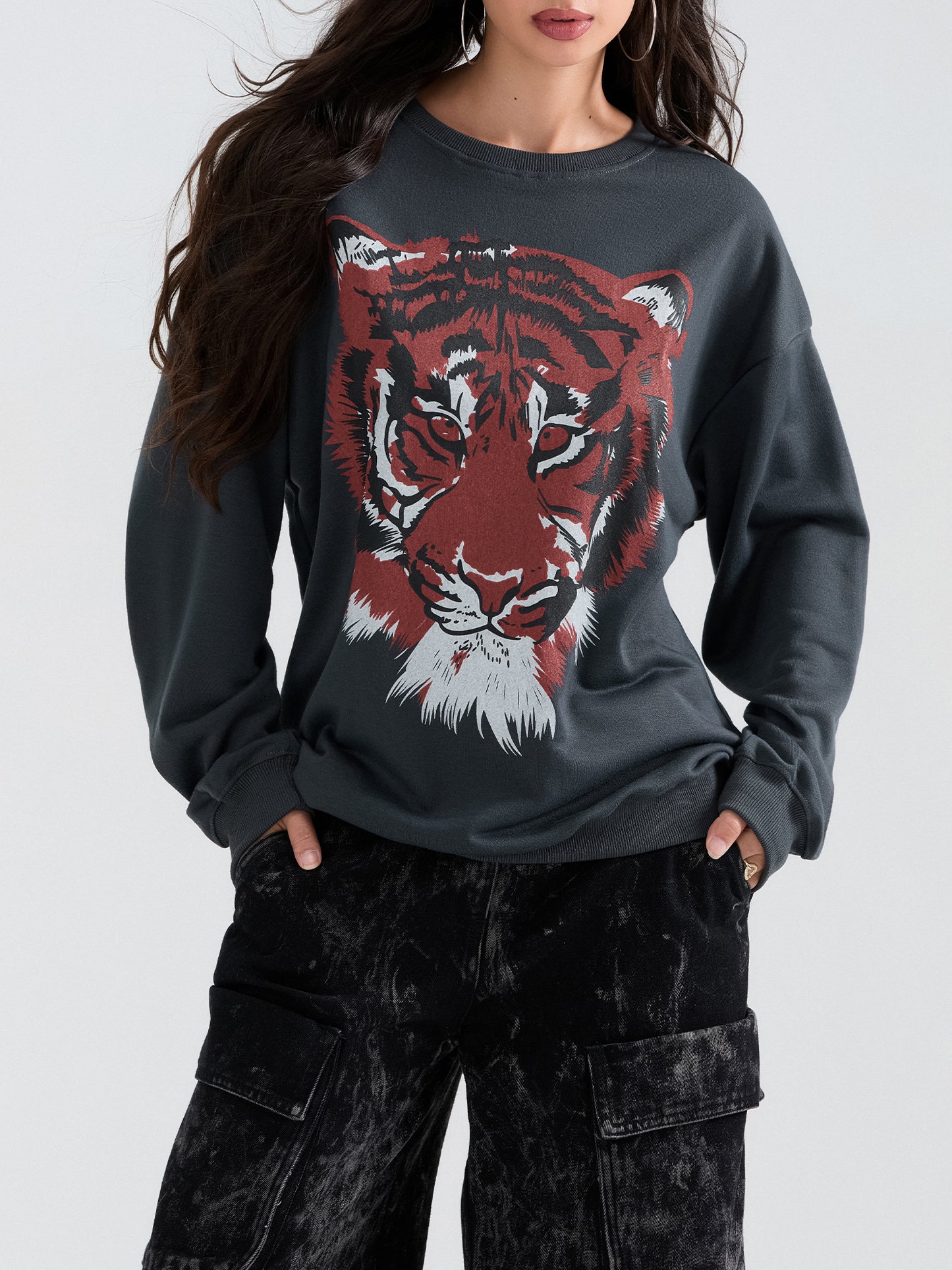 Women's Loose Sweatshirt Tiger Print Crew Neck Long Sleeve Pullovers