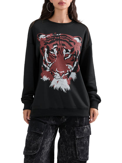 Women's Loose Sweatshirt Tiger Print Crew Neck Long Sleeve Pullovers