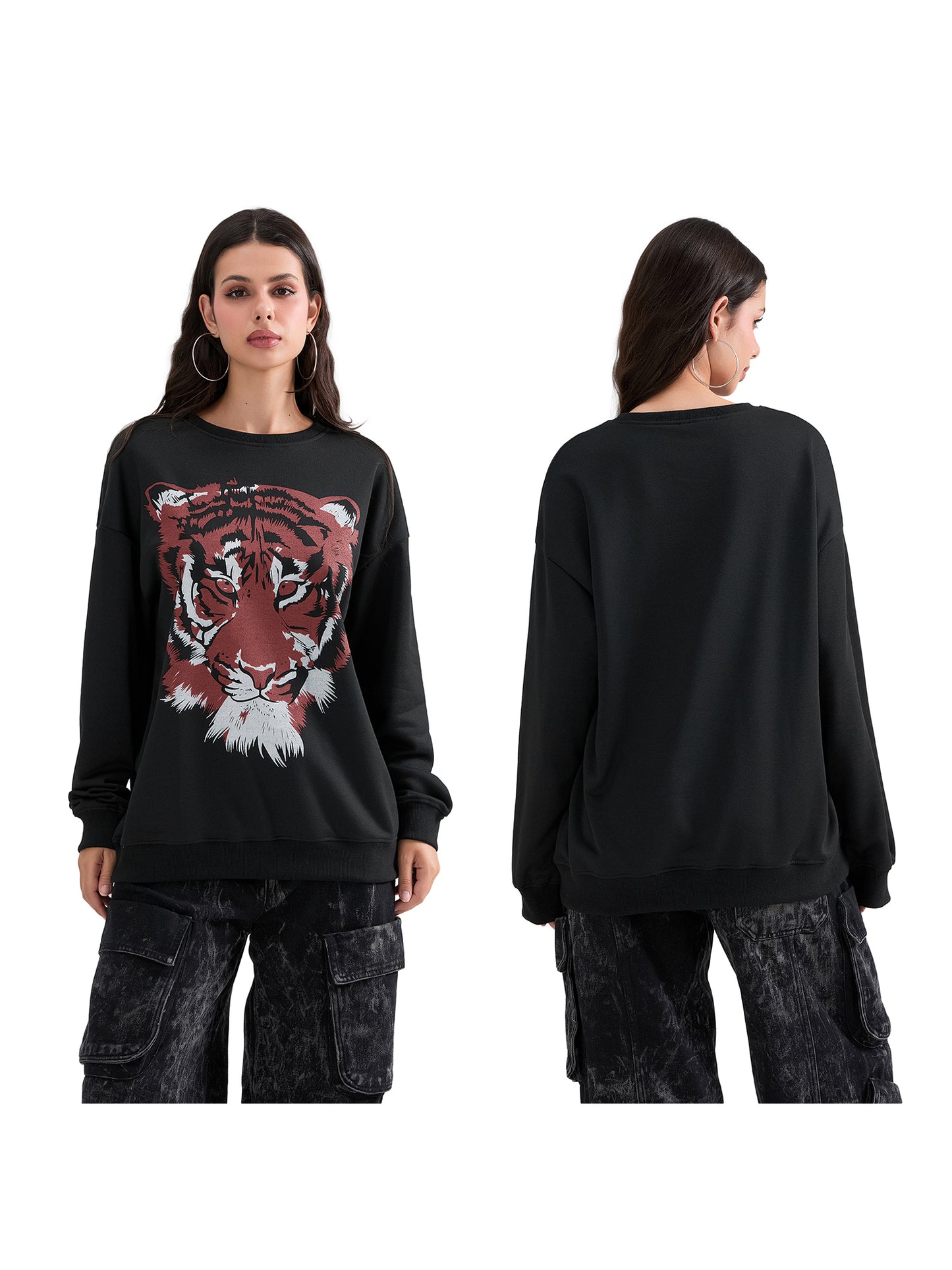 Women's Loose Sweatshirt Tiger Print Crew Neck Long Sleeve Pullovers