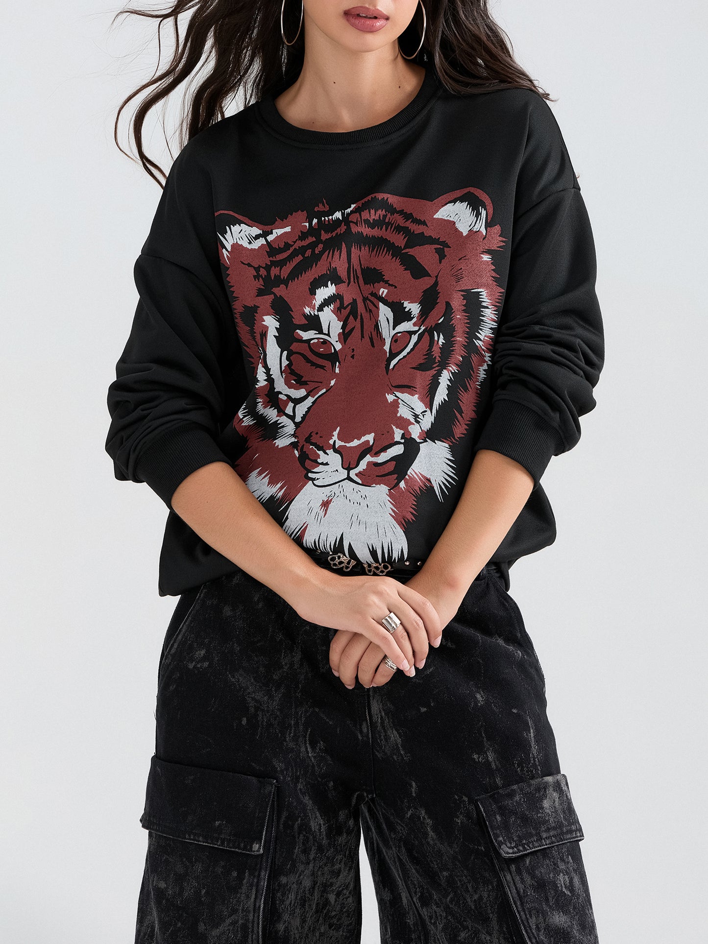 Women's Loose Sweatshirt Tiger Print Crew Neck Long Sleeve Pullovers