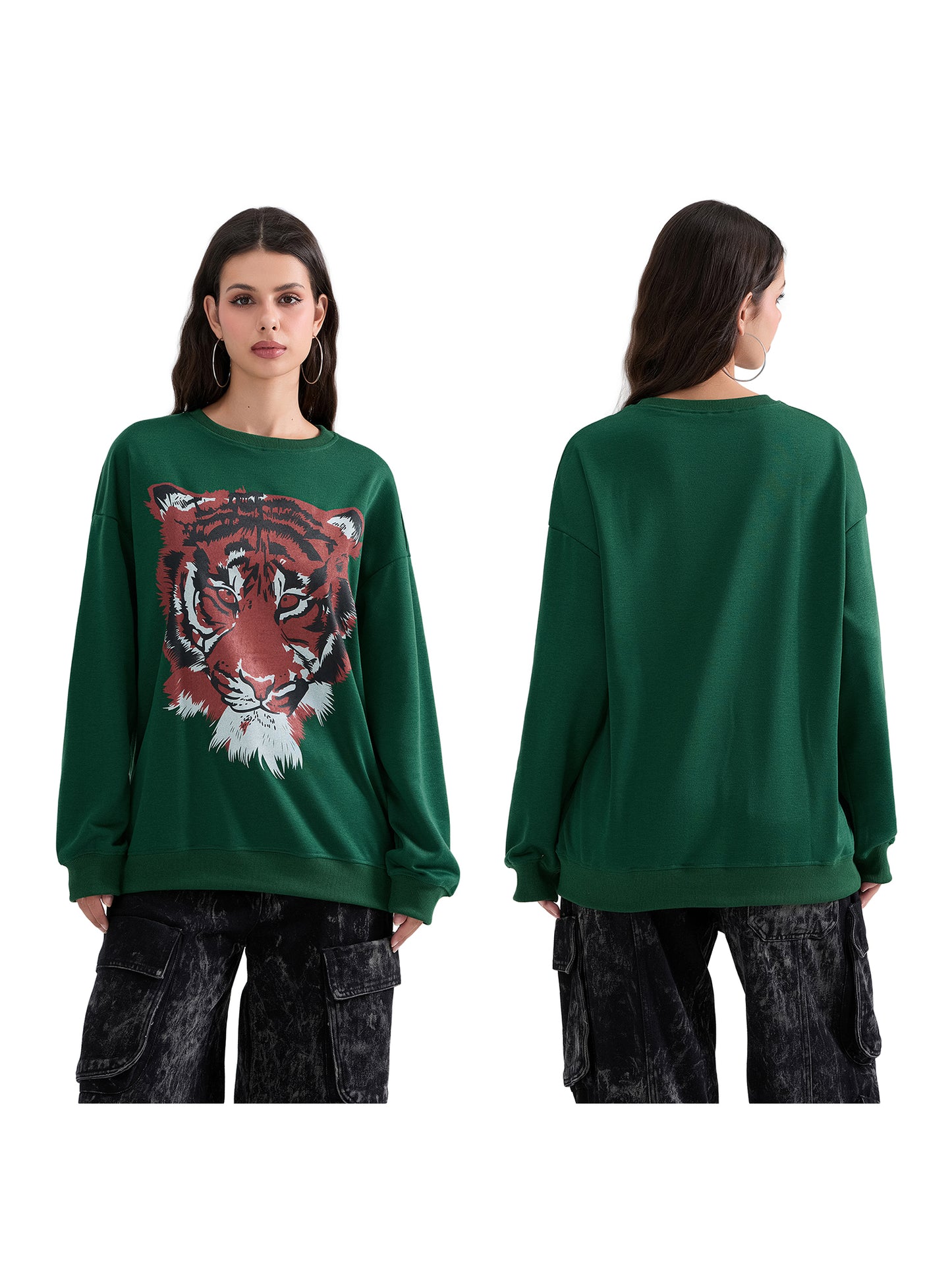 Women's Loose Sweatshirt Tiger Print Crew Neck Long Sleeve Pullovers