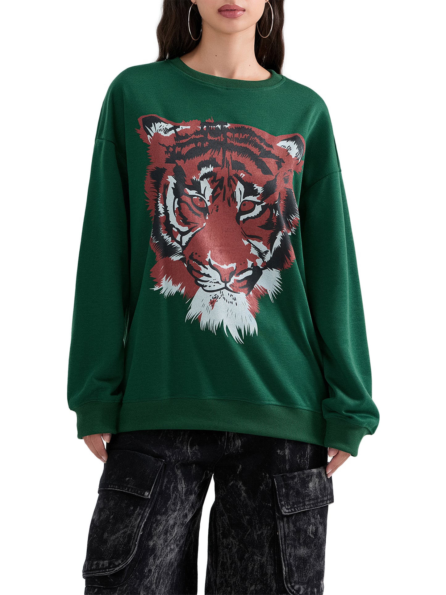 Women's Loose Sweatshirt Tiger Print Crew Neck Long Sleeve Pullovers