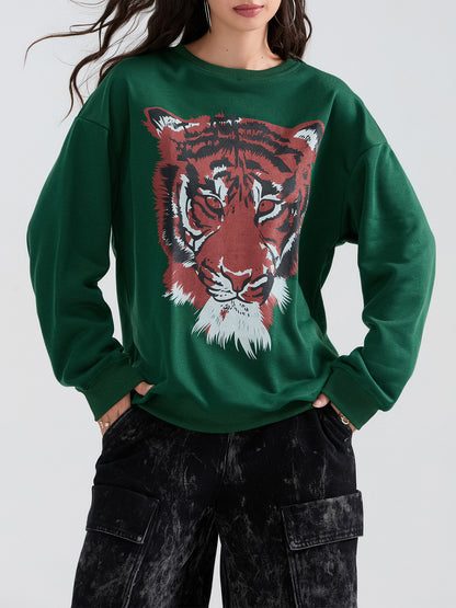 Women's Loose Sweatshirt Tiger Print Crew Neck Long Sleeve Pullovers