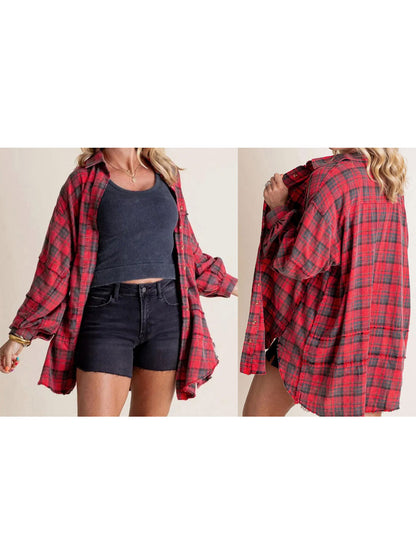 Women Long Sleeve Button-down Loose Fall Plaid Shirt