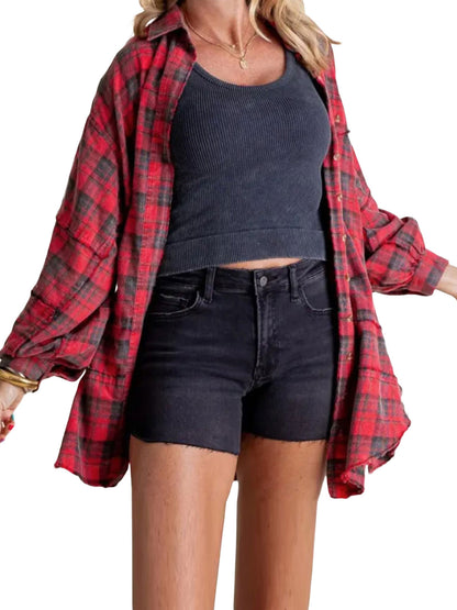 Women Long Sleeve Button-down Loose Fall Plaid Shirt