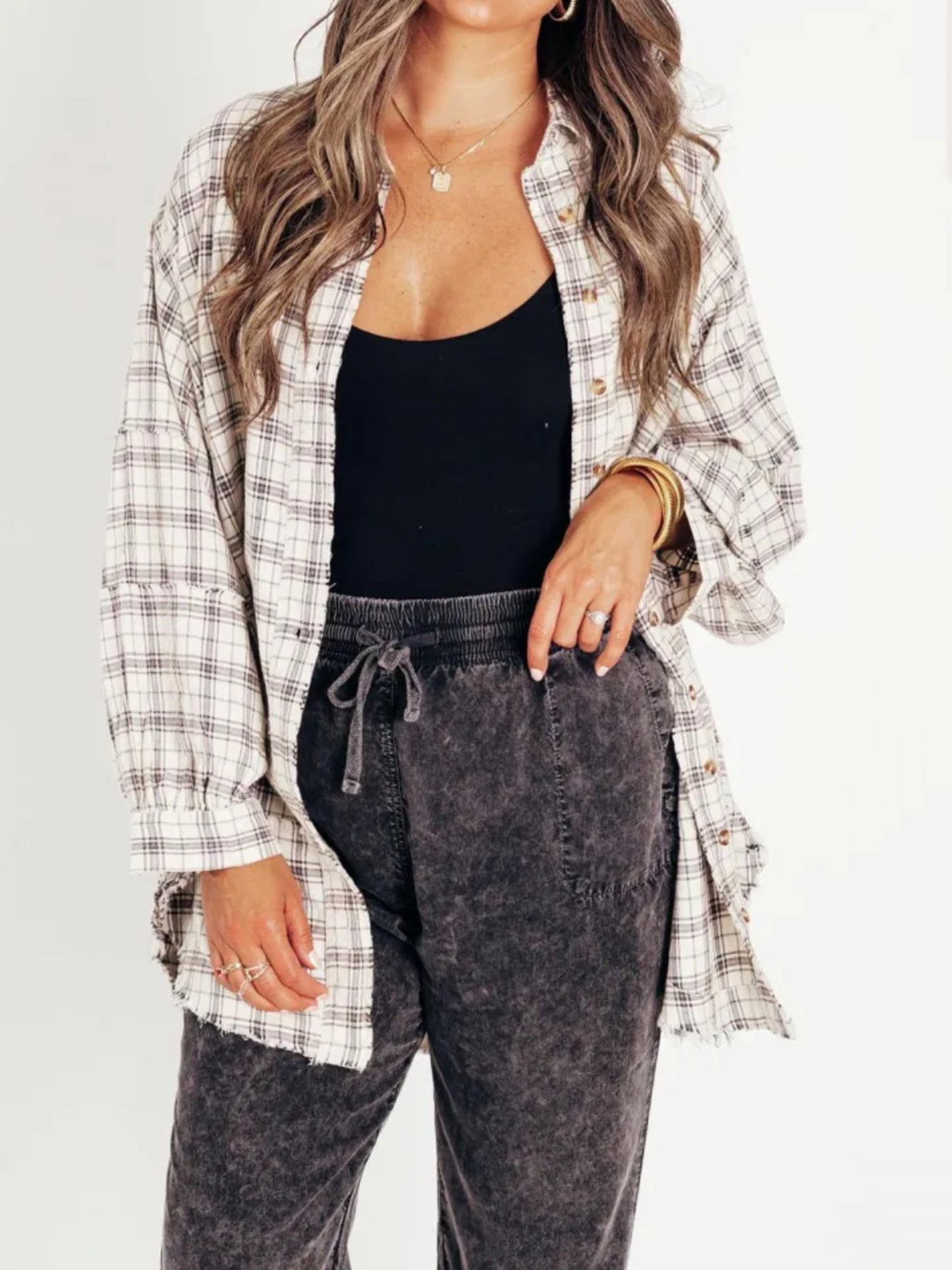 Women Long Sleeve Button-down Loose Fall Plaid Shirt