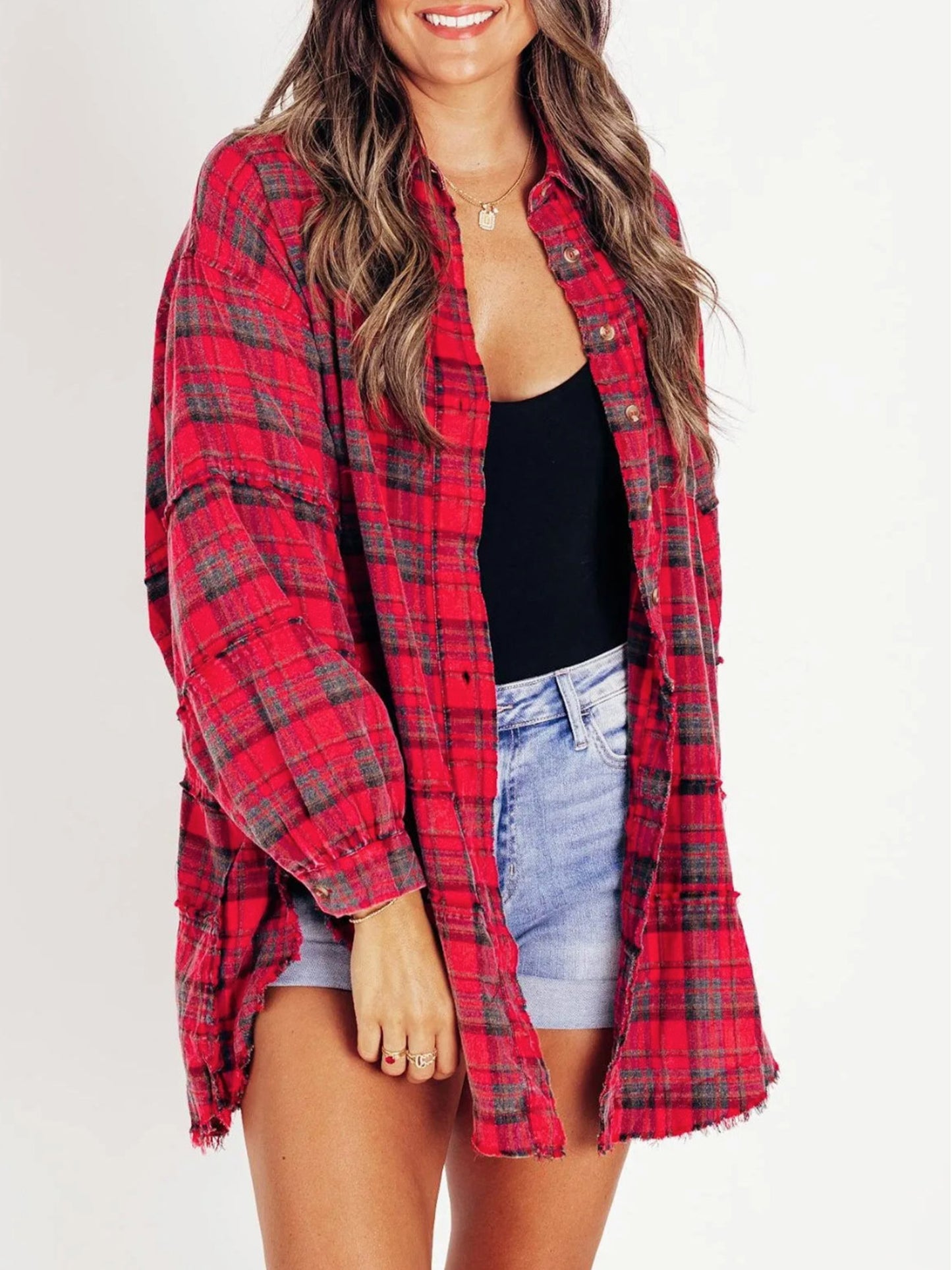 Women Long Sleeve Button-down Loose Fall Plaid Shirt