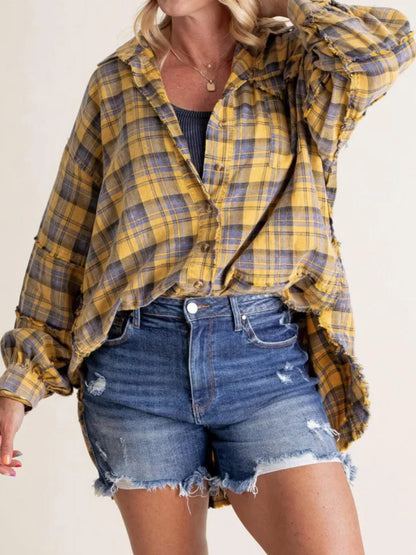 Women Long Sleeve Button-down Loose Fall Plaid Shirt