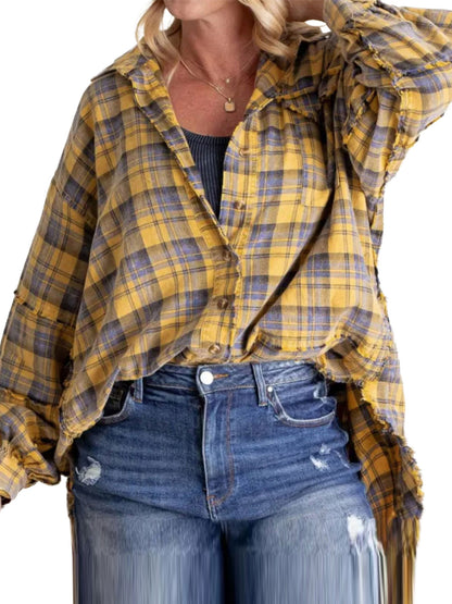 Women Long Sleeve Button-down Loose Fall Plaid Shirt