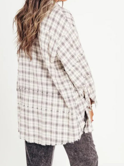 Women Long Sleeve Button-down Loose Fall Plaid Shirt