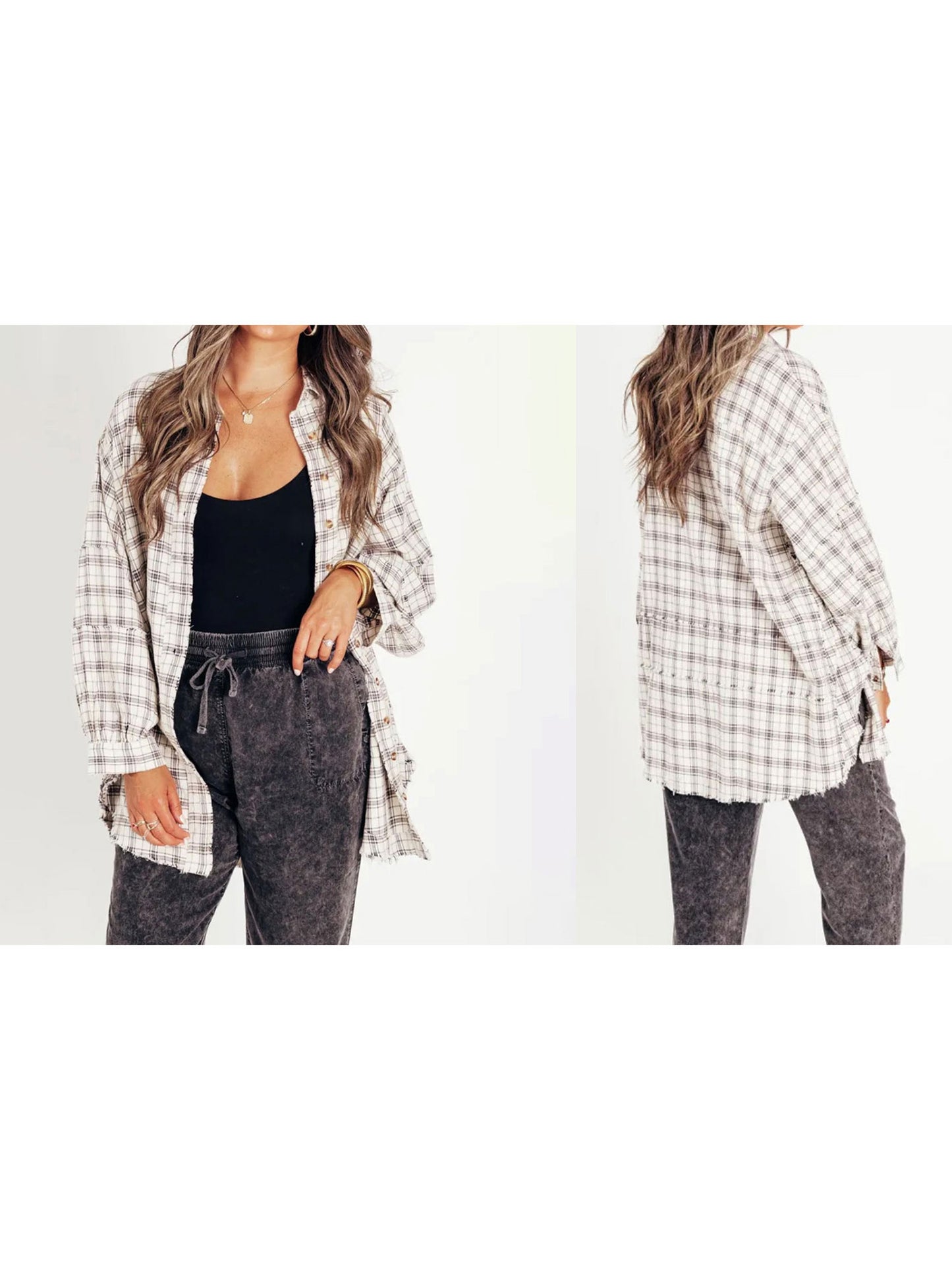 Women Long Sleeve Button-down Loose Fall Plaid Shirt