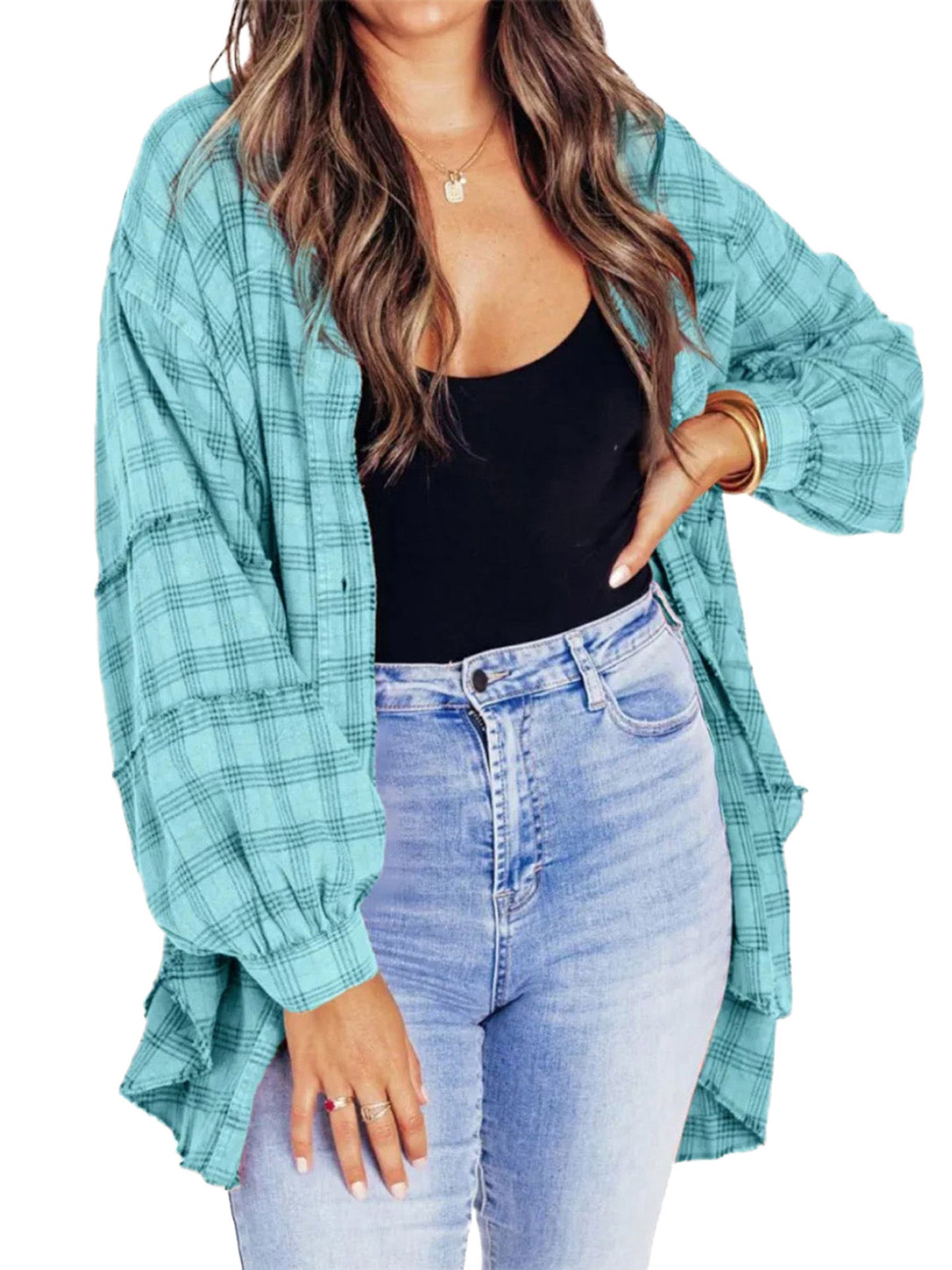 Women Long Sleeve Button-down Loose Fall Plaid Shirt