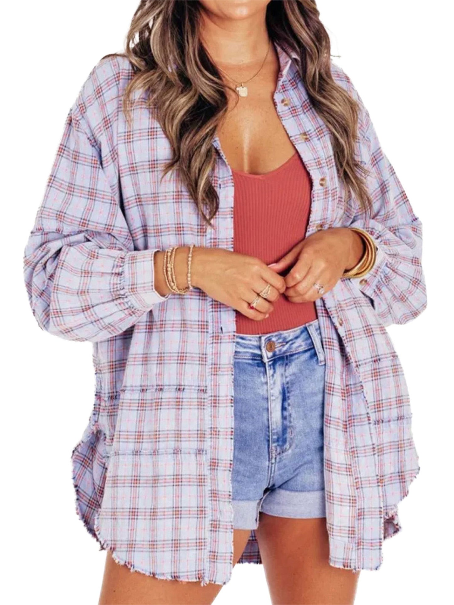 Women Long Sleeve Button-down Loose Fall Plaid Shirt