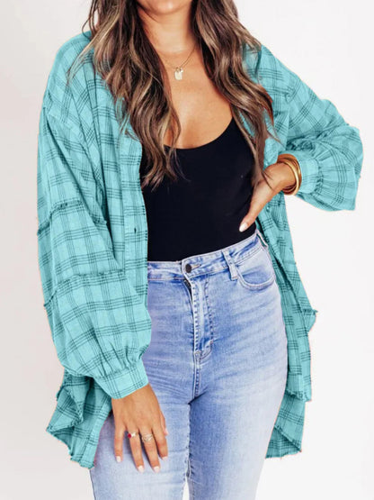 Women Long Sleeve Button-down Loose Fall Plaid Shirt