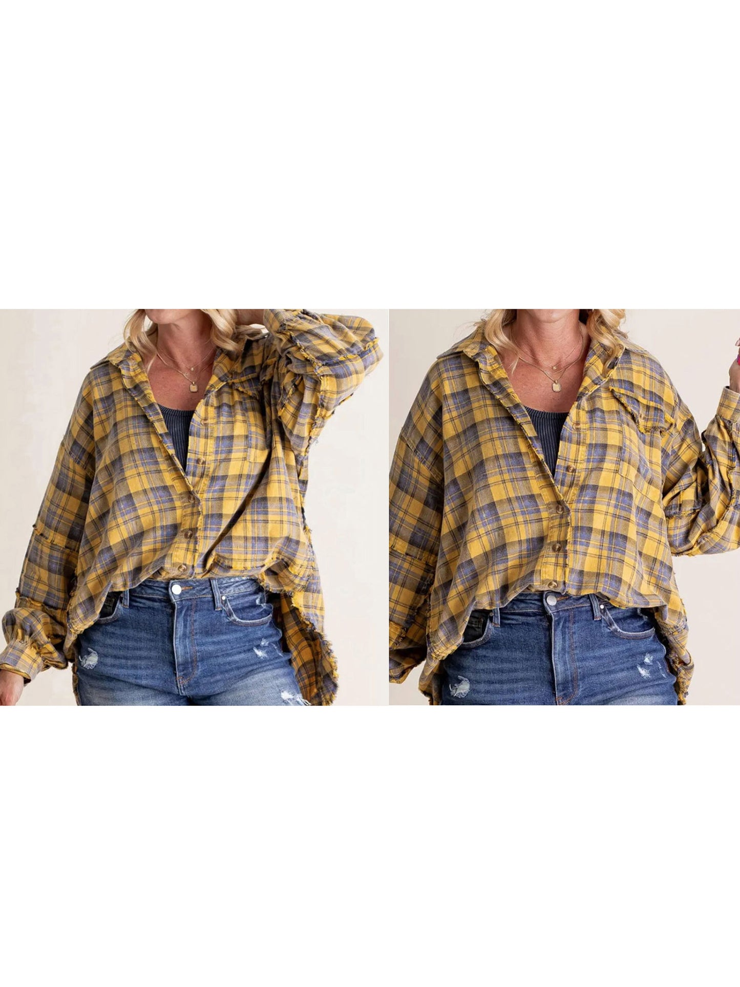 Women Long Sleeve Button-down Loose Fall Plaid Shirt