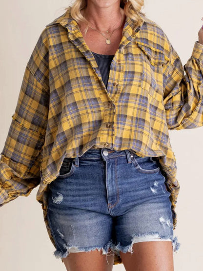 Women Long Sleeve Button-down Loose Fall Plaid Shirt