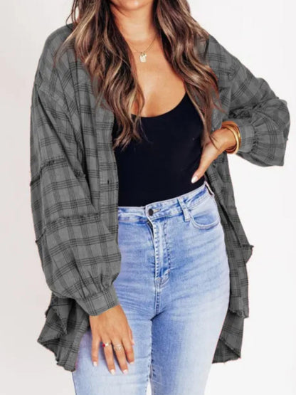 Women Long Sleeve Button-down Loose Fall Plaid Shirt