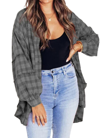 Women Long Sleeve Button-down Loose Fall Plaid Shirt