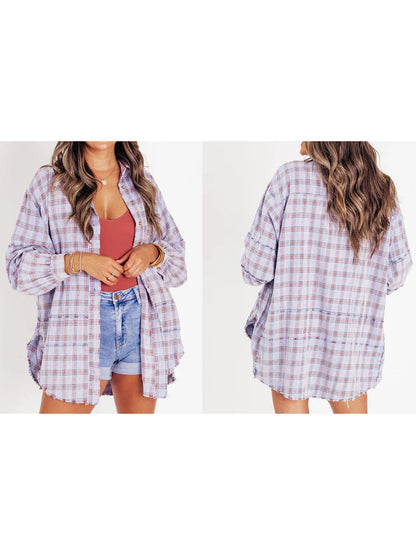 Women Long Sleeve Button-down Loose Fall Plaid Shirt