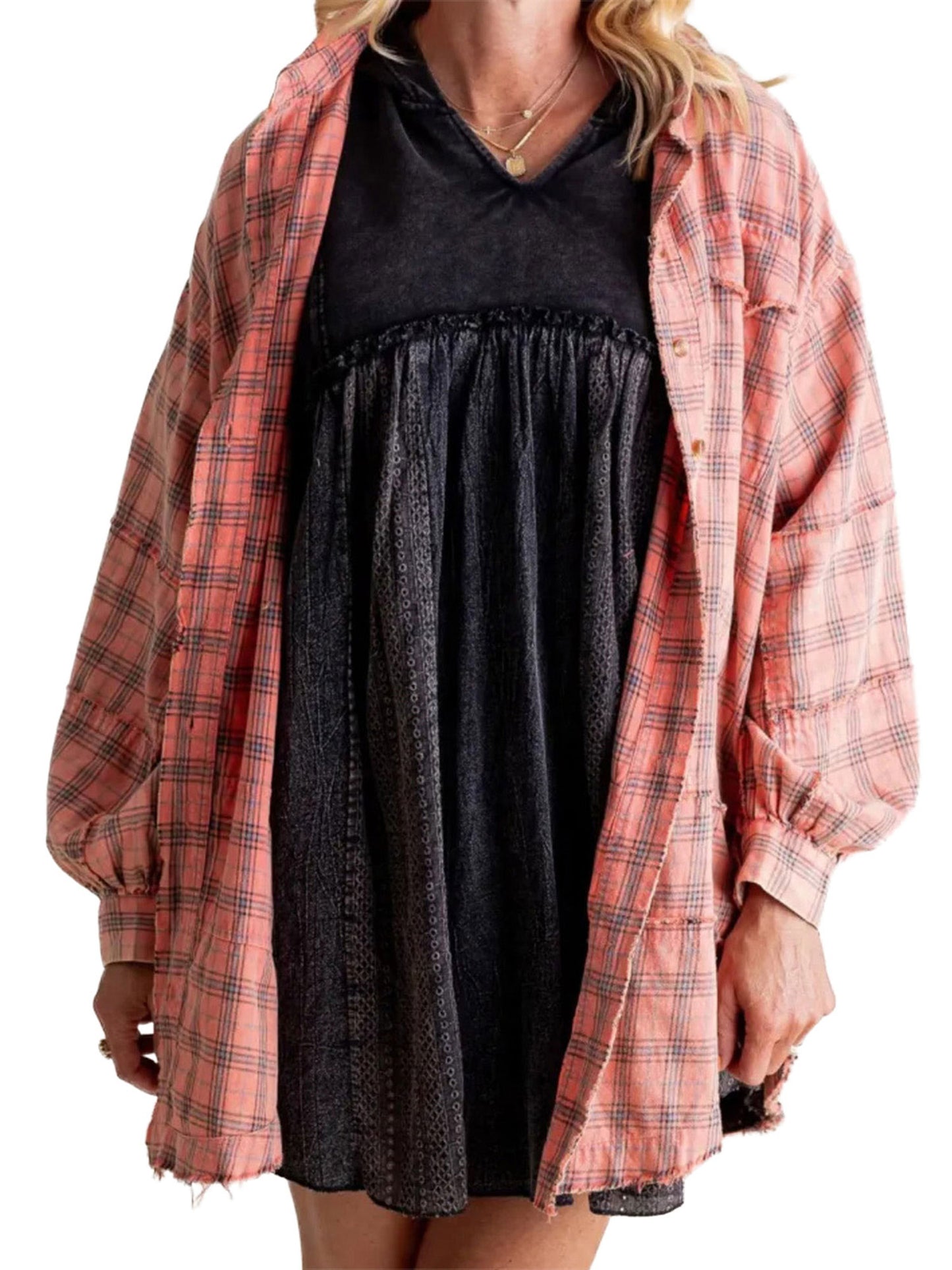 Women Long Sleeve Button-down Loose Fall Plaid Shirt