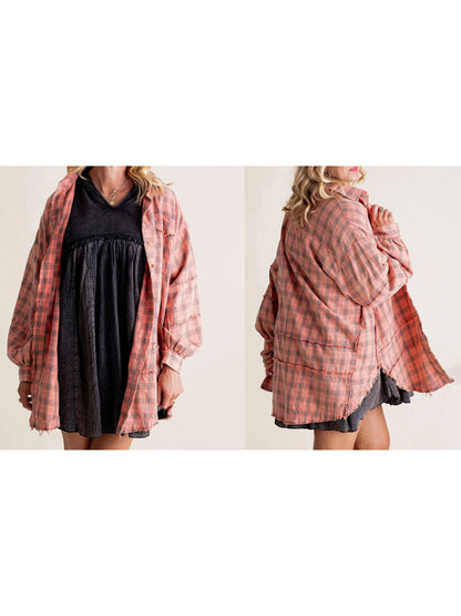 Women Long Sleeve Button-down Loose Fall Plaid Shirt