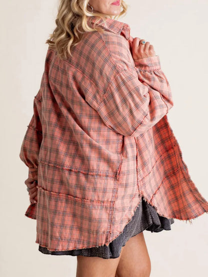 Women Long Sleeve Button-down Loose Fall Plaid Shirt