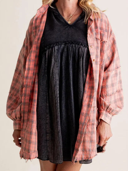 Women Long Sleeve Button-down Loose Fall Plaid Shirt