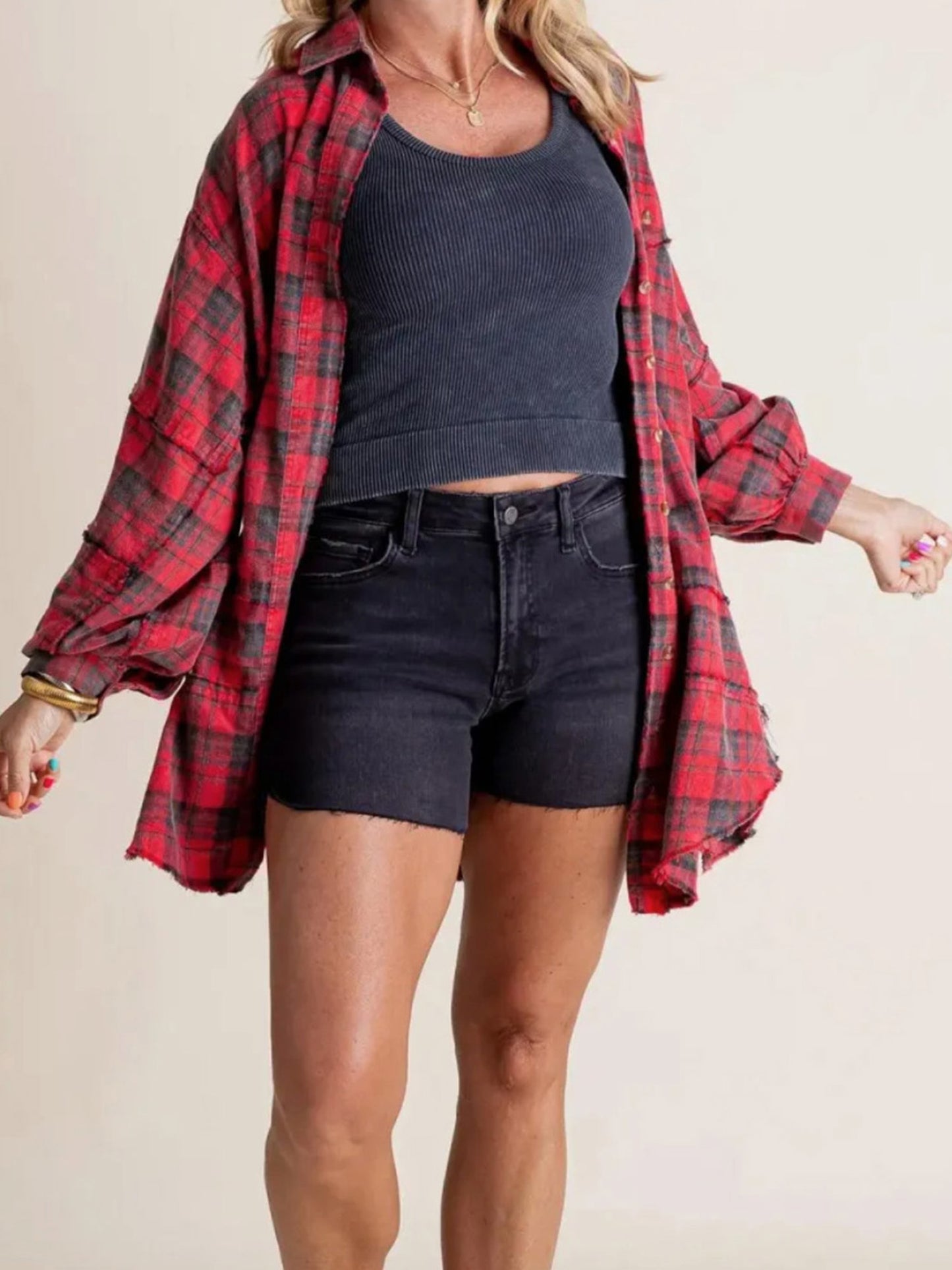 Women Long Sleeve Button-down Loose Fall Plaid Shirt