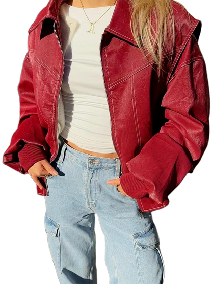 Women Leather Jacket Lightweight Zipper Front Long Sleeves Cardigan