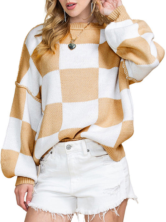 Women's Loose Sweaters Checkerboard Print Long Sleeve Pullovers