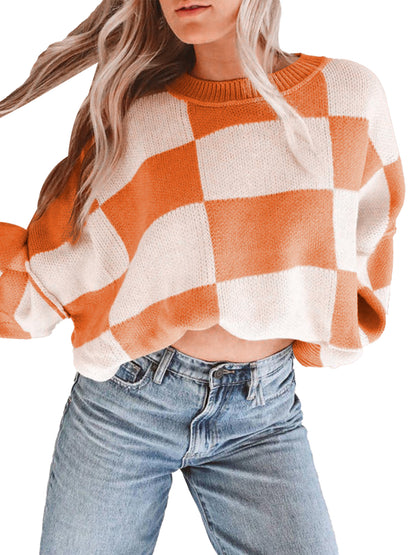 Women's Loose Sweaters Checkerboard Print Long Sleeve Pullovers