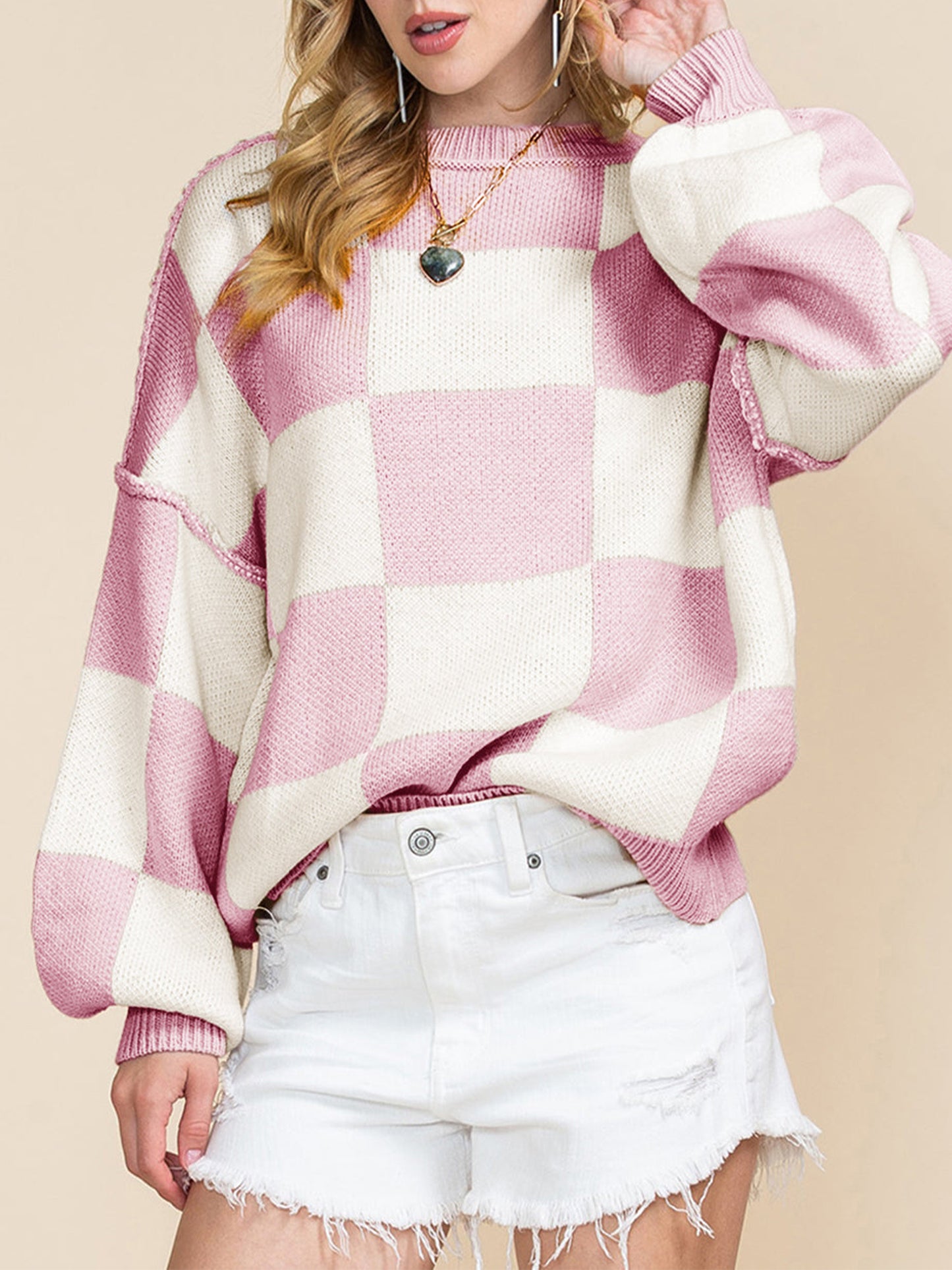 Women's Loose Sweaters Checkerboard Print Long Sleeve Pullovers