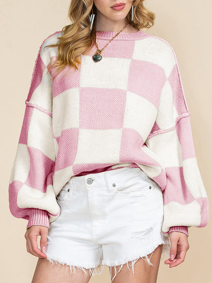 Women's Loose Sweaters Checkerboard Print Long Sleeve Pullovers