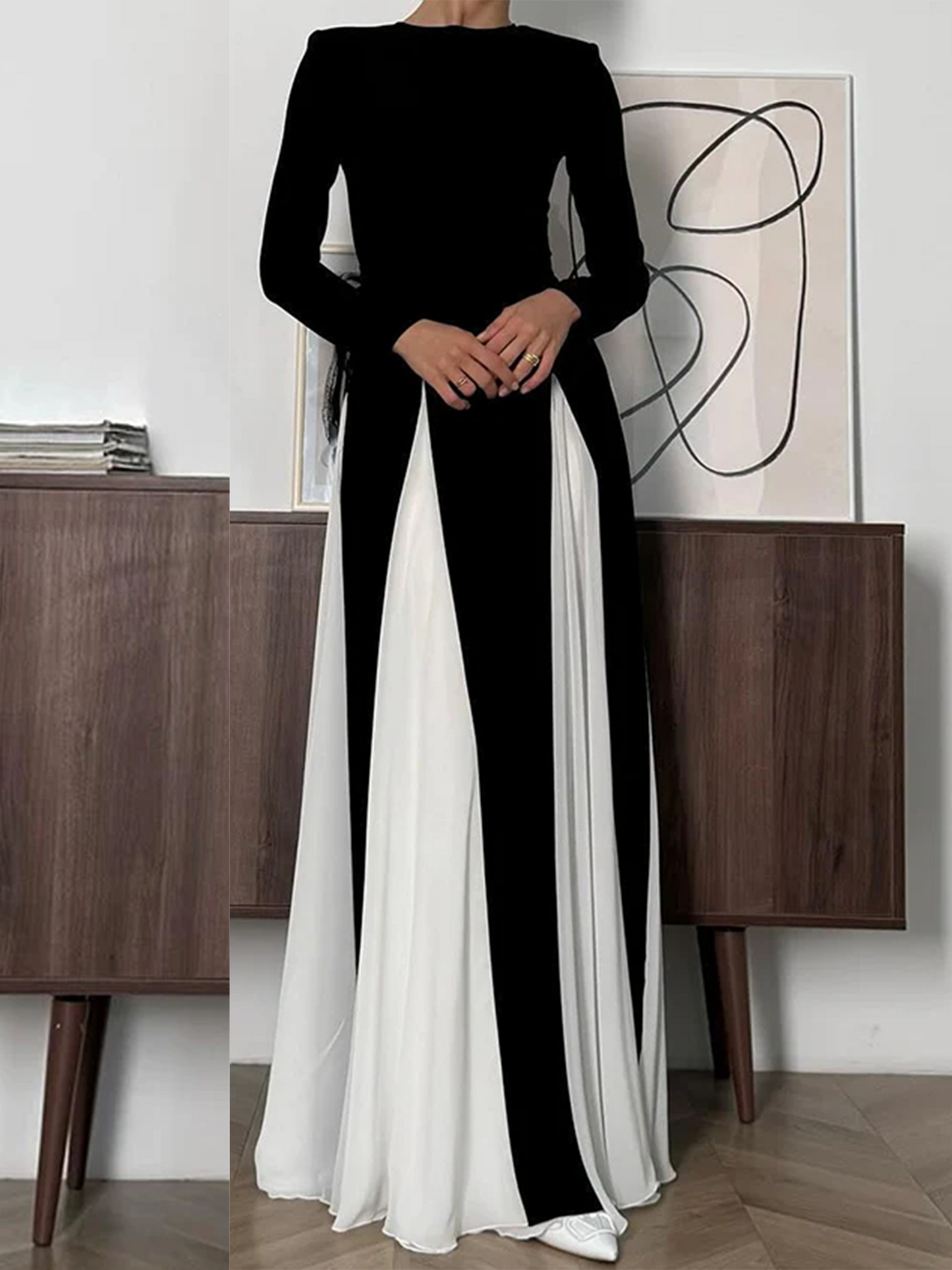 Women Long Dress Long Sleeve Round Neck A-line Contrast Color Dress