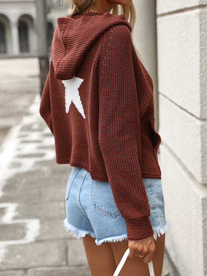 Women's Hooded Knit Sweater Long Sleeve Star Print Casual Knitwear