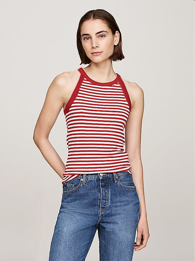 Women's Knit Tank Tops Sleeveless Round Neck Slim Fit Stripes Tops