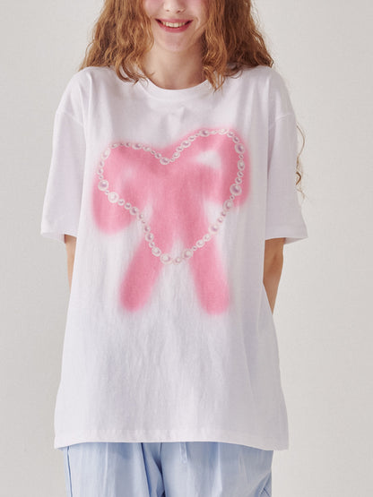 Women's Pearl Heart Ribbon Over Fit T-shirt