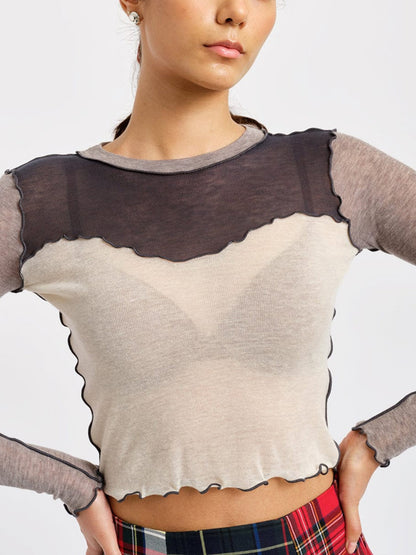 Women's Long Sleeve Contrst Mesh See-through T-shirt