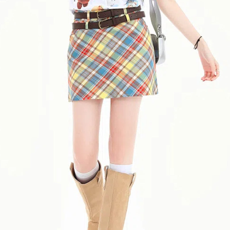 Women's Sweet Style Colorful Plaid High Waist Slim Fit Dopamine Skirt