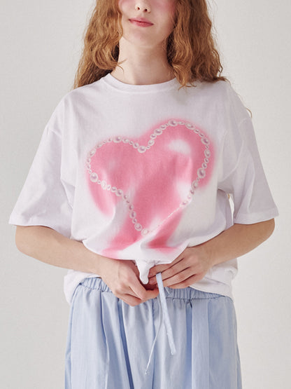 Women's Pearl Heart Ribbon Over Fit T-shirt