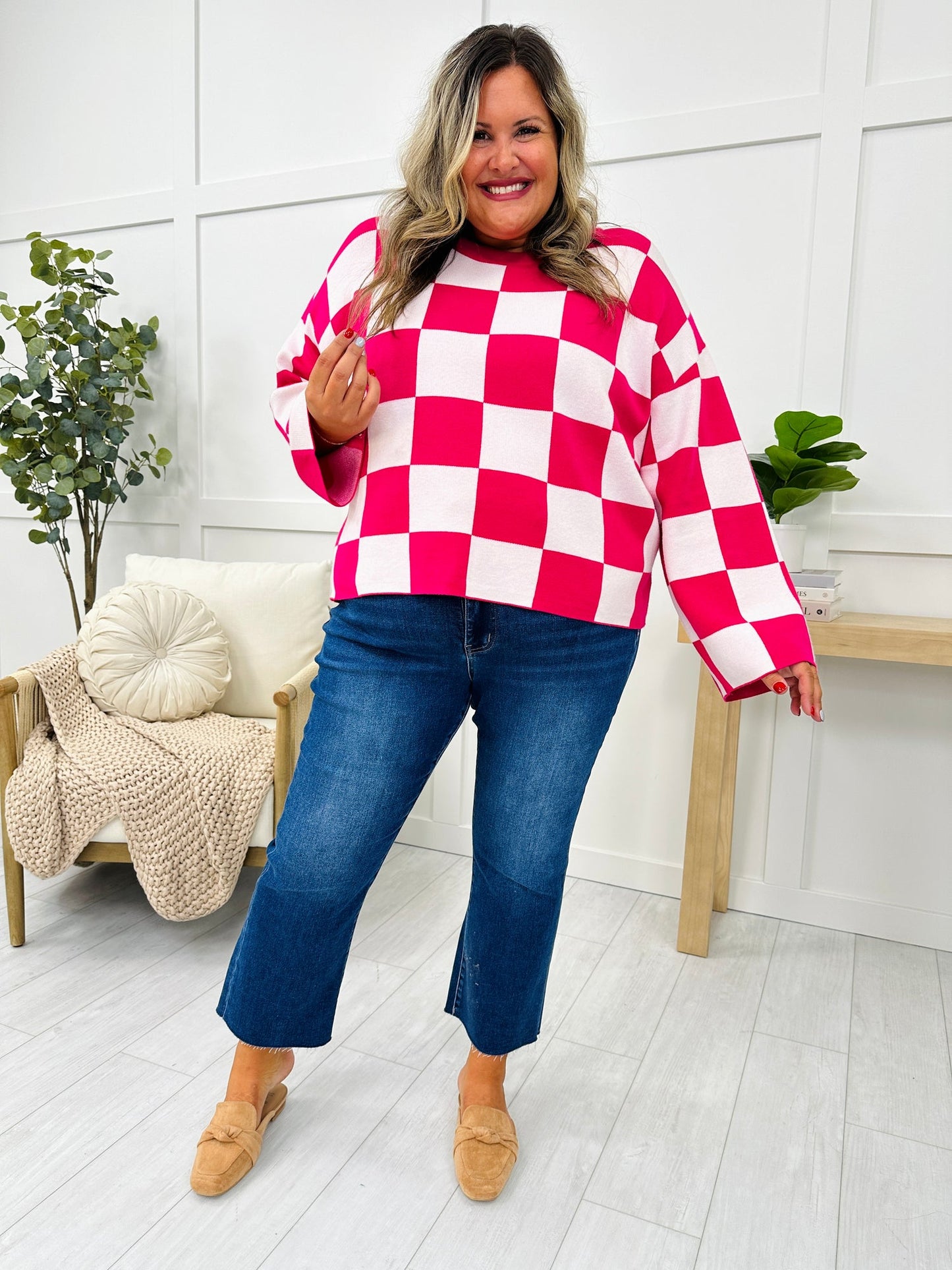 New Women's Loose Sweater Checkerboard Print Long Sleeve Pullover